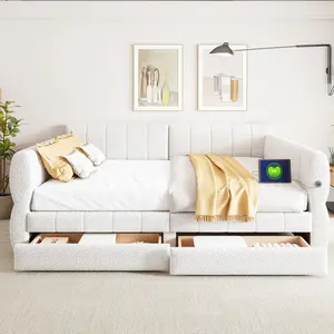 Queen Daybed Frame with 2 Storage Drawers and USB Charging Station, Upholstered Lambswool Sleeper Day Bed Couch with Armrest, No Spring Box Required, Easy Assemble, Beige