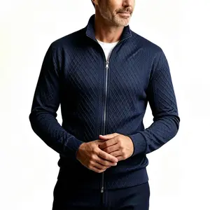 Men’s navy textured zip jacket with a stand collar and lightweight quilted construction; suitable for casual wear in spring and autumn; slim-fit urban outerwear.