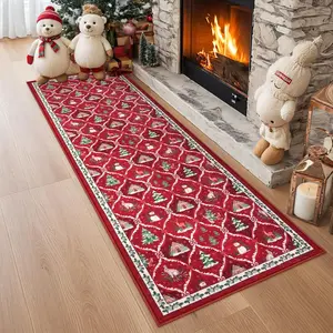Christmas Home Decor Rug, Long Non-Slip Washable Living Room Hallway Carpet, Cute Snowman Tree Design Soft Indoor Mat for Kitchen Entry
