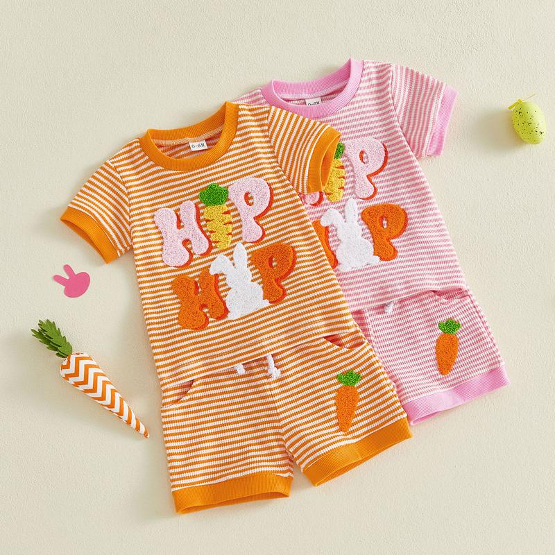 Toddler Baby Little Girl Easter Shorts Set Short Sleeve Carrot Bunny Letter Embroidery T-Shirt and Shorts Outfits 0-3 Years