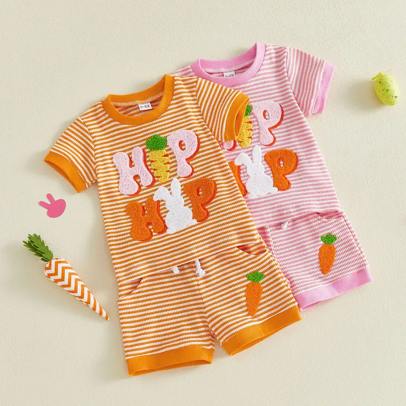 Toddler Baby Little Girl Easter Shorts Set Short Sleeve Carrot Bunny Letter Embroidery T-Shirt and Shorts Outfits 0-3 Years