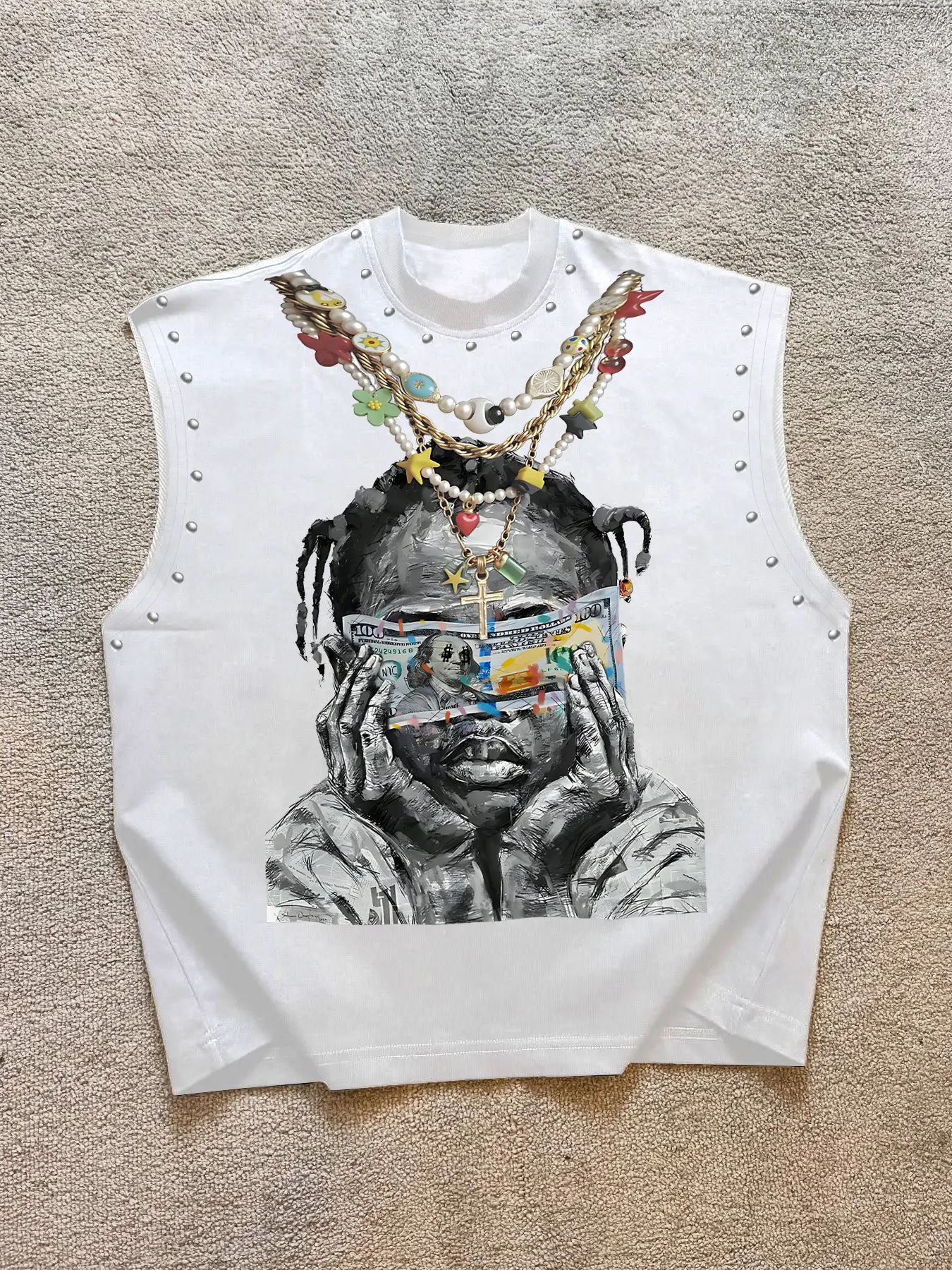 Trendy Men's Round Neck Asymmetrical Fashion Tank Top Vest with Character Graphic Print Front, Decorative Necklace Design, Letter Slogan Back, Skin-Friendly Fabric, Streetwear Style