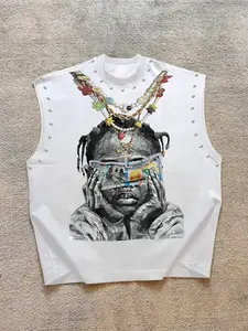 Trendy Men's Round Neck Vest with Character Print Front, Decorative Necklace Design, Letter Slogan Back, Skin-Friendly Fabric, Street Style