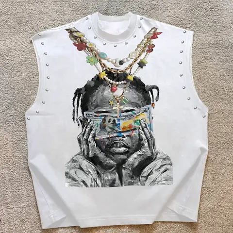Trendy Men's Round Neck Asymmetrical Fashion Tank Top Vest with Character Graphic Print Front, Decorative Necklace Design, Letter Slogan Back, Skin-Friendly Fabric, Streetwear Style