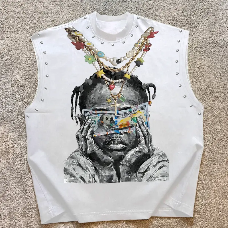 Trendy Men's Round Neck Asymmetrical Fashion Tank Top Vest with Character Graphic Print Front, Decorative Necklace Design, Letter Slogan Back, Skin-Friendly Fabric, Streetwear Style