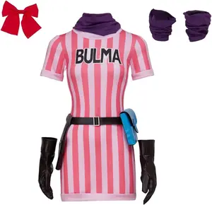 Bulma Cosplay Costume Pink Dress Outfit Full Suit with Accessories for Women Adult
