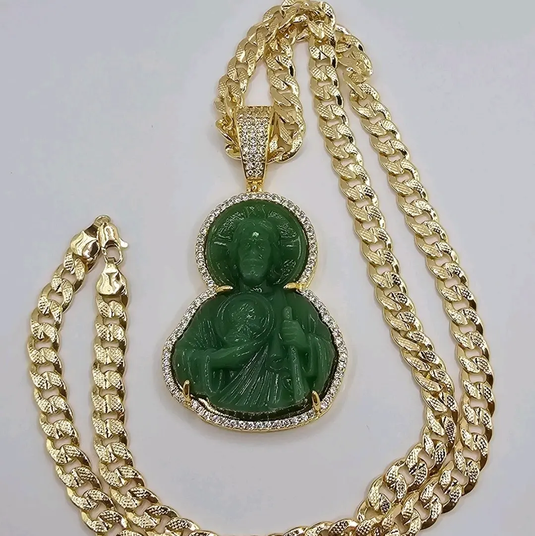 Saint jude green color NECKLACE cuban  stamp style Gold-plated fashion design beautiful