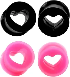 NewZenro Hollow Heart Shaped Soft Silicone Flexible Double Flared Ear Tunnels Plugs Gauge Expander Stretching Earrings for Women Men Couples Love Piercing Body Jewerly Gift Black Pink 2 Pairs Set