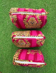 Pink Tiger Animal Print Quilted Cotton Cosmetic / Toiletry Bag