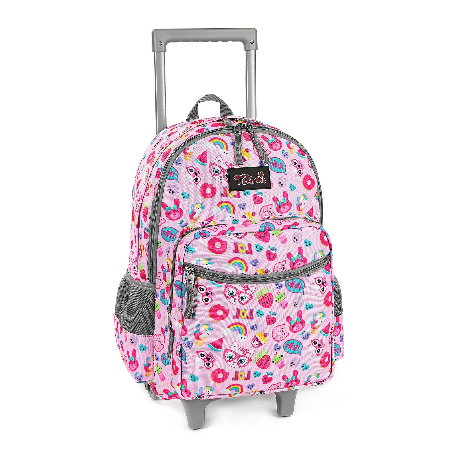 Tilami Rolling Backpack 18 inch Double Handle Wheeled Boys Girls Travel School Children Luggage Toddler Trip, Pink Cat