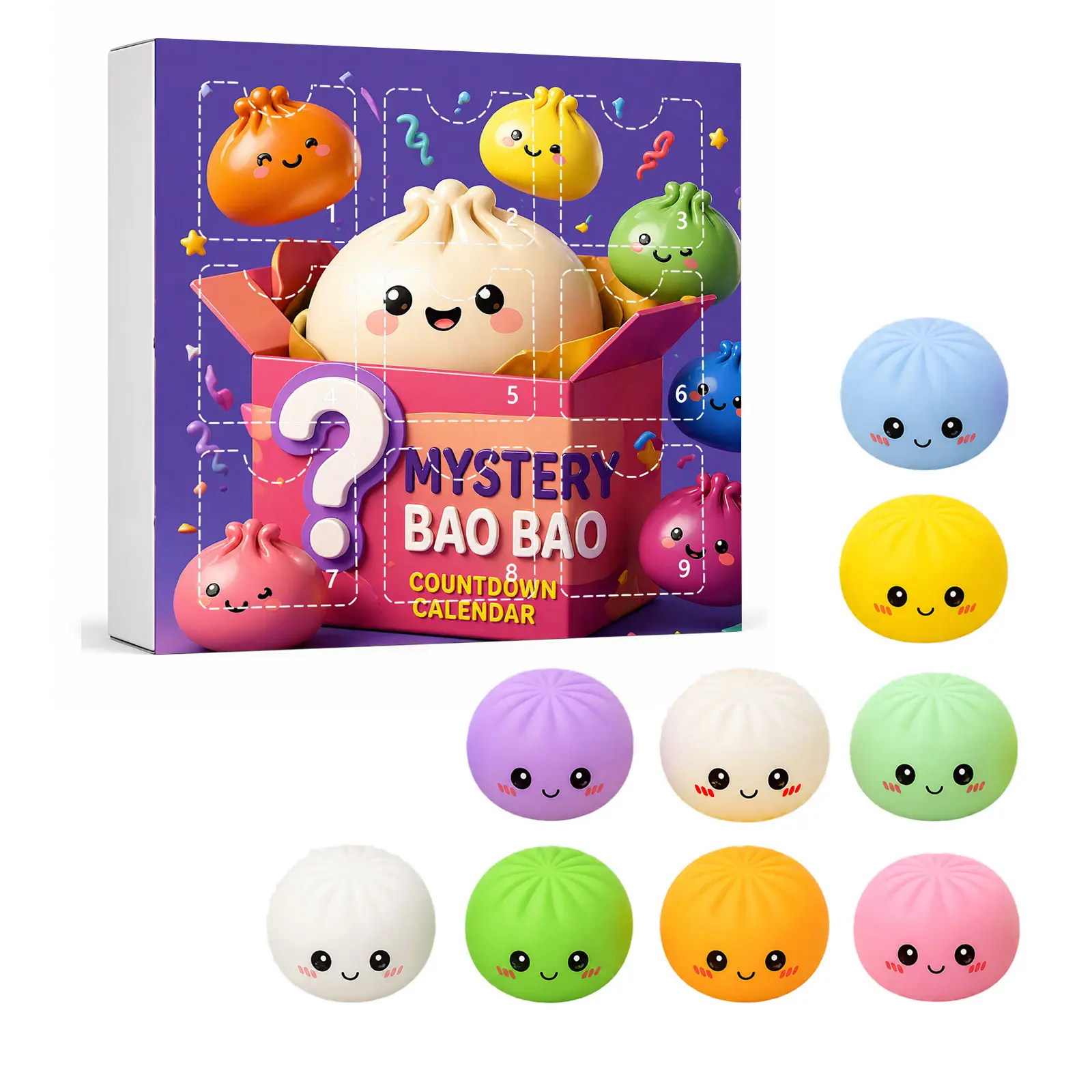 Mystery Dumpling Advent Countdown Calendar, Cute Bao Squishy Fidget Toys, 9‑Day Surprise Stress Relief Toys for Kids, Party Gift