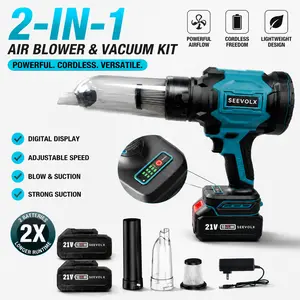 【SummerVibes】SEEVOLX Cordless 2-in-1 Air Blower & Vacuum Kit with Digital Display, Adjustable Speed, 2 Rechargeable Batteries, Blow & Suction Nozzles with Filter, Adapter Included – Ideal for Car, Home, Garage, and Workshop