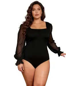 OHYEAH Women's Square Neck Aesthetic Chic Long-Sleeve Bodysuit - Casual Evening Womenswear Top with Chiffon Puff Sleeves, Mesh Ruched Design, Button Closure, Latex Breast Pads (S-2XL)