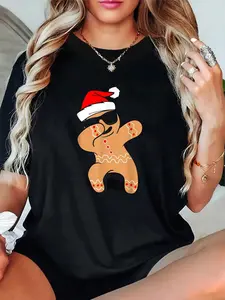 Women's Dabbing Gingerbread Man Christmas T-Shirt, Funny Holiday Short Sleeve Graphic Tee Made with Soft Breathable 100% Cotton Fabric