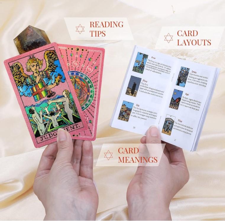LYINGFISH Pink Tarot Cards for Beginners with Guide Book Gold Foil Meanings Waterproof Rider Waite Taro Deck Fortune Telling Game Classic Origina