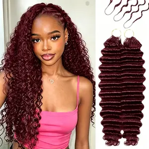 Bling Hair Feather Crochet Human Hair Extensions Burmese Curly Deep Wave Kinky Curly Pre-Separated 50g/Pack Miracle Knots Boho Braids for Women Burgundy Red 99j 4-5 Packs Recommended for Full Head