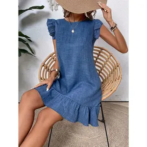 Suumer Women's Elegant loose casual clean color crewneck ruffle sleeves panels hem tie bow at the back of the daily resort dress