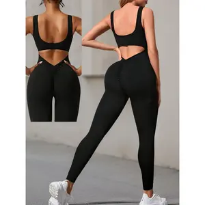 Women's High-Waisted Backless Yoga Jumpsuit - U-Neck, Scrunch Butt Design, Tummy Control, Stretchy Nylon/Spandex Blend, Black, Perfect for Yoga & Fitness Activities