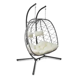 Egg Swing Chair with Stand, Outdoor Patio 2 Person Hanging Wicker Hammock Chairs with Cushion for Indoor Bedroom, Lawn, Garden