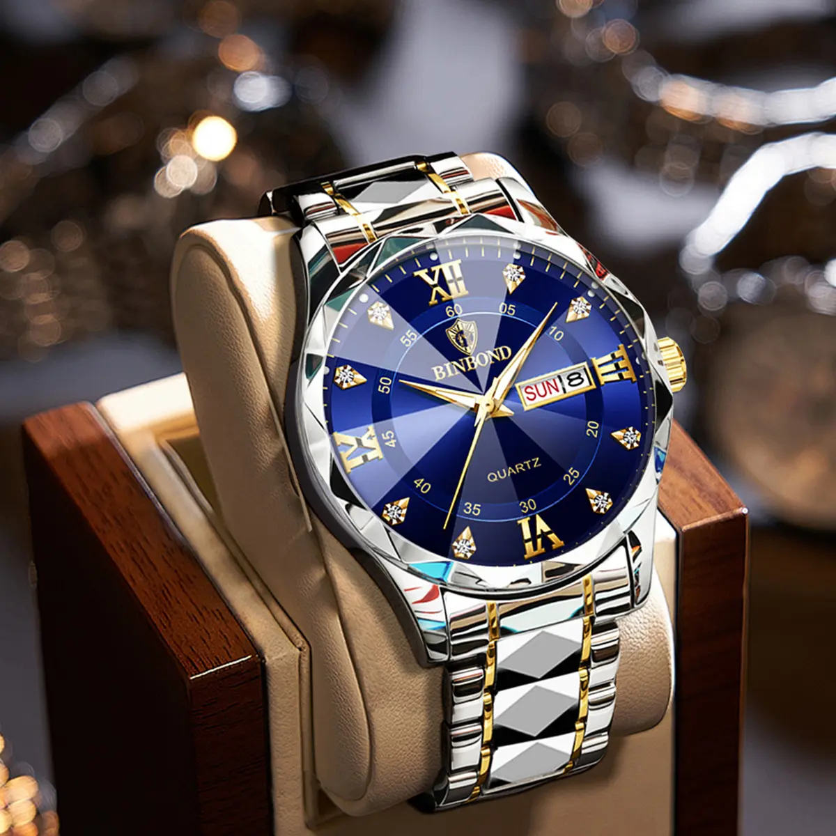 BINBOND Mens Watches Diamond Big Face Stainless Steel Luxury Business Dress Date Day Wrist Watch Waterproof  fashion luminous  Designer  2521