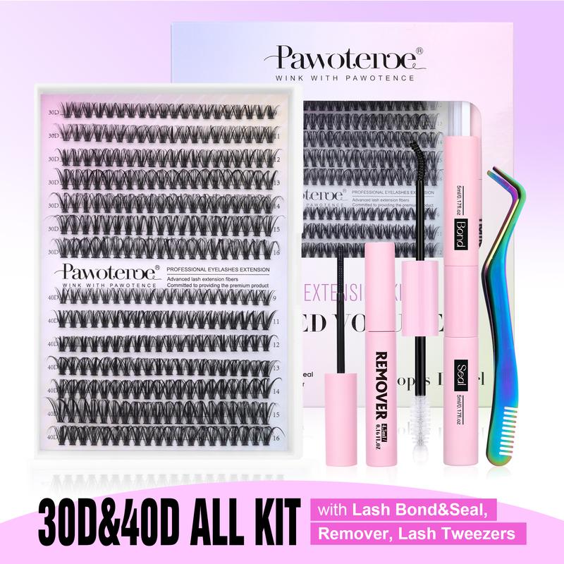 Pawotence Upgrade Lash Extension Kit DIY 280pcs Individual Lash Clusters Kit 30D&40D Cluster Eyelash Extensions Kit with Lash Bond and Seal, Lash Remover, Lash Tweezers for Self Use