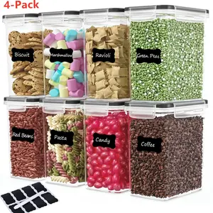 4-Pack Sealed Kitchen Food Storage Containers 47.34oz Plastic Dry Food Storage Canisters with Labels, Dishwasher Safe Pantry Organizers for Tea, Nuts, Pasta, Oats, Baking Ingredients, Freshness Keeping