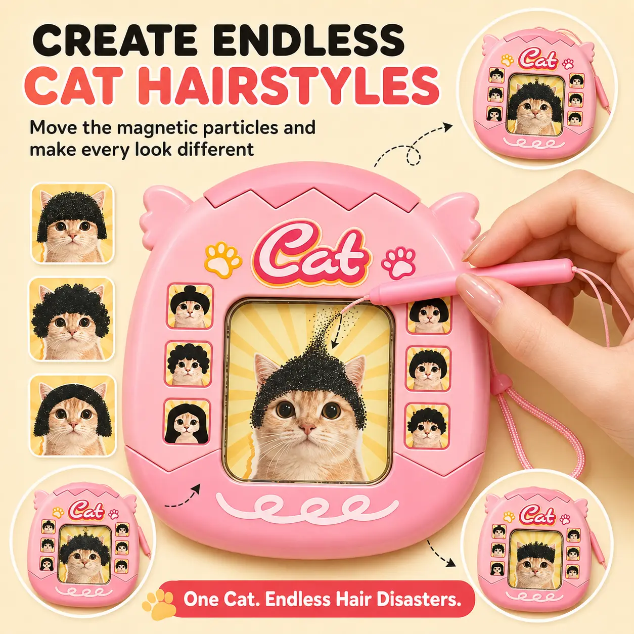 Cat Hairstyle Magnetic Drawing Board, 2 in 1 Double Sided Reusable Magnetic Bead Doodle Board with Attached Stylus, Funny Desk Fidget Toy and Stress Relief Gift for Cat Lovers