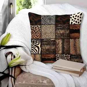 Safari Animal Print Decorative Throw Pillow with Insert, 45cm Square Zipper Closure, Leopard Zebra Giraffe Fur Patchwork Cushion, Soft Comfort Fabric, Sofa Bed Living Room Accent Pillow, Wild Exotic Home Decor, Gift Choice