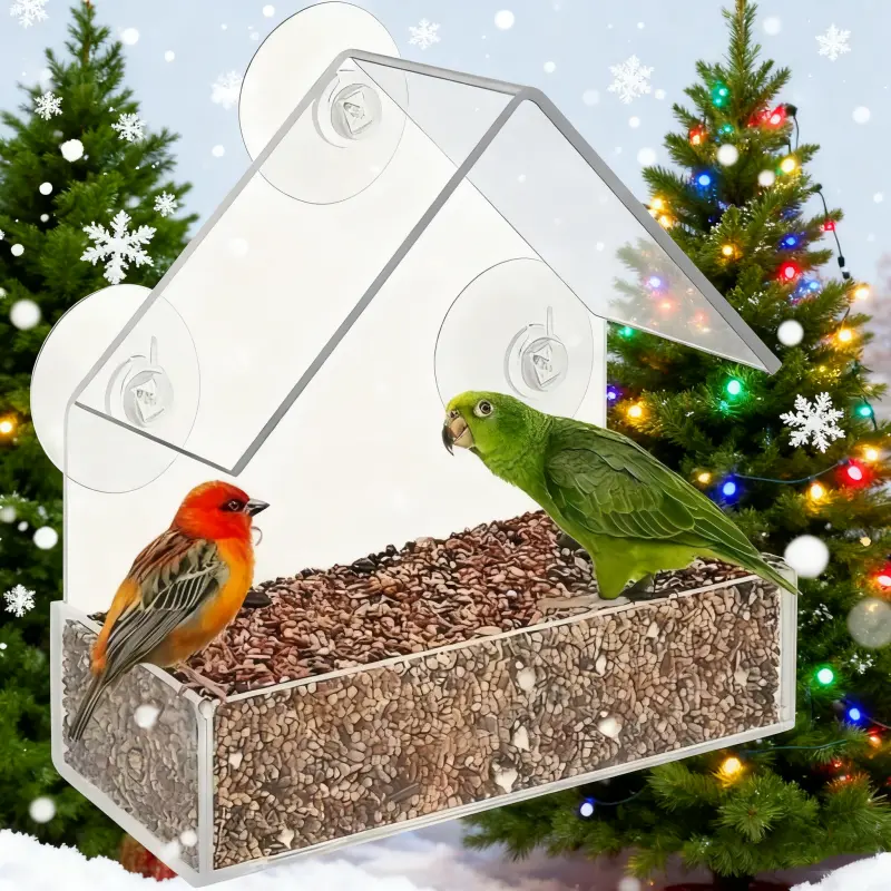 Small Acrylic Bird Feeding Cage - Hole-Free Suction Base, Transparent Window Mount Pet Feeder for Outdoor Window Use, Bird Feeder Station