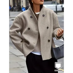 ChromaChic LEE Elegant Double Breasted Jacket Women Casual Long Sleeve Notch Lapel Flap Pockets Fall Winter Versatile Outerwear Structured Appearance