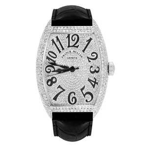 Franck Muller Cintrée Curvex 8880 Automatic Stainless Steel Aftermarket Full Diamond Paved Case and Dial Black Arabic Numerals Black Leather Strap Watch WHT031200