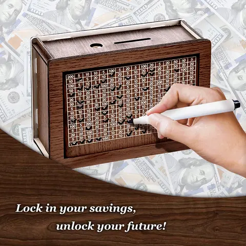 Wooden Cash Vault Coin Bank - Durable Modern Piggy Bank for Kids, 10000 Savings Challenge Numbered Target, Coin & Cash Counter, Decorative Home Supply, Rain-Sun Resistant Letters, Advanced Tech (Encourages Financial Literacy, yk-lr-cqg5)