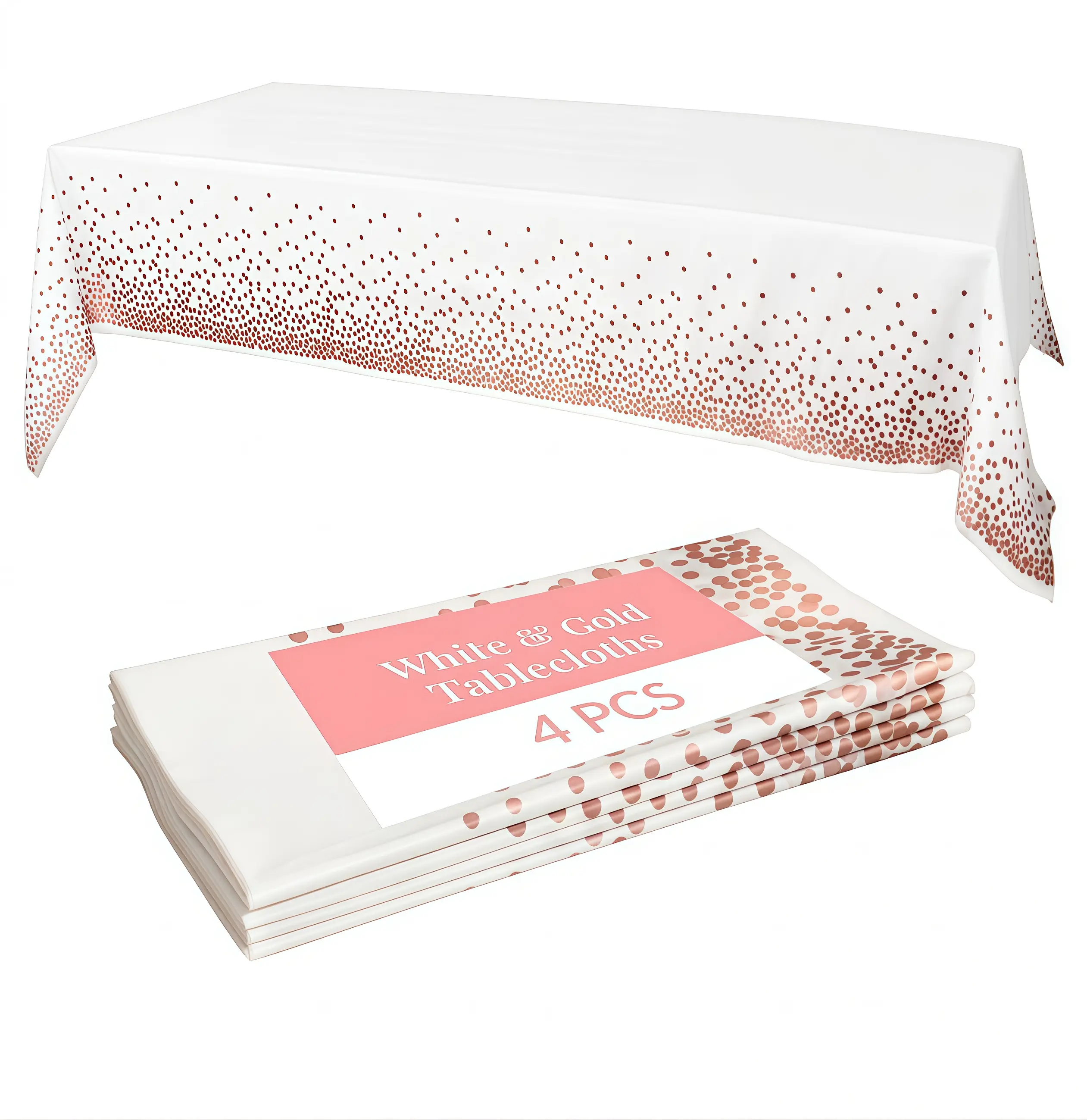 White and rose gold tablecloth  4pk, 54x108 Inches - Party Table Cloths Disposable - Gold Dot Disposable Tablecloths - Plastic Table Cloth - Engagement Party Decorations, Baptism