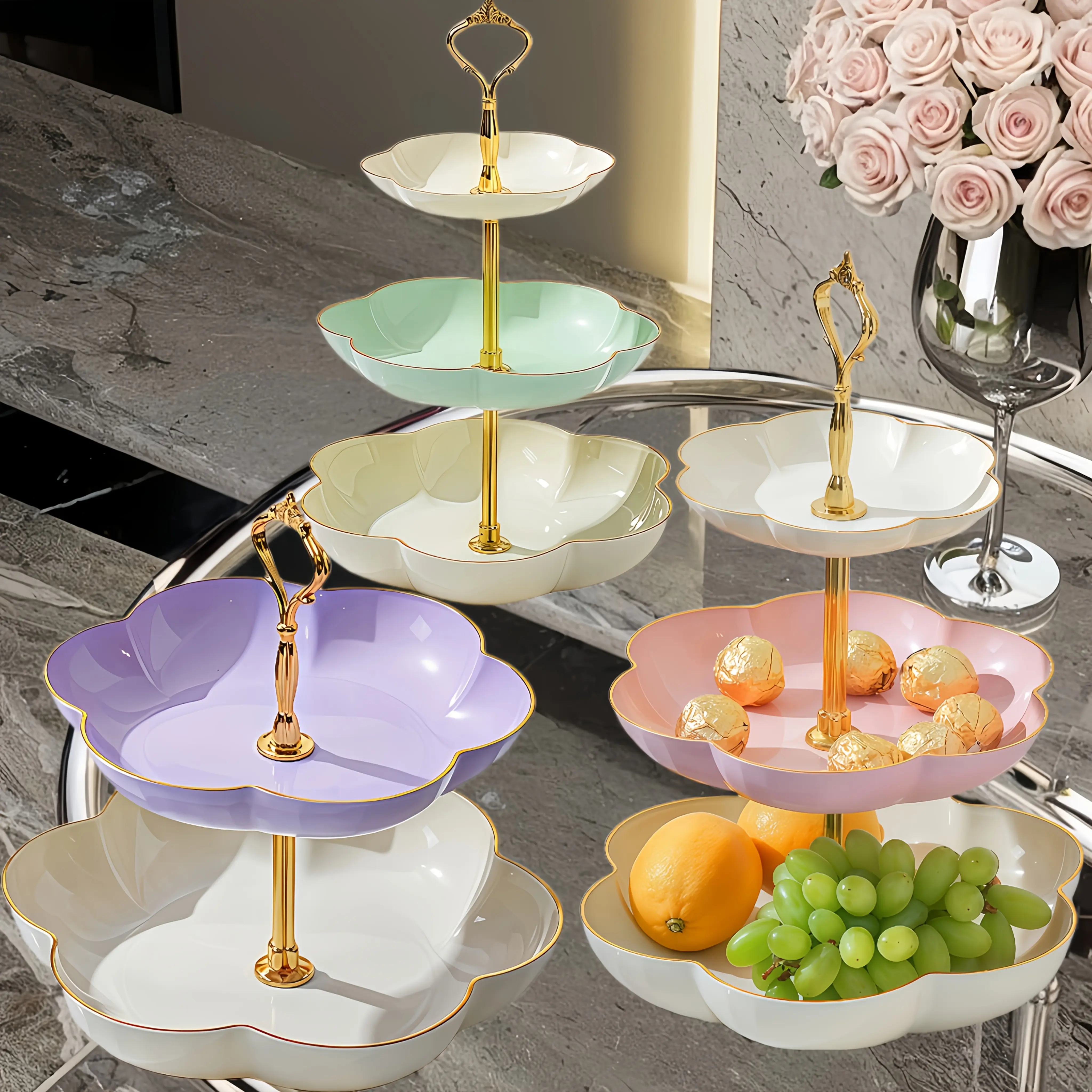 Plastic 3/2-Tier Golden-Edged Cake Stand - Durable Floral Edge, Cream, 3 Layers of Cream, All Seasons Decor for Stylish Dessert Display, Birthday, Wedding (Home Supplies, Festive & Party Supplies, Cake Decorations), Three Layers Of Cream + Cream + Cream