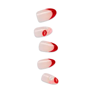 Impress Design No Glue Fake Press On Nails - Lover | 3D & Jewel French Design, Red, Medium, Almond, Manicure