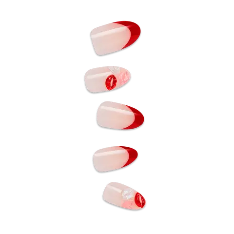 Impress Design No Glue Fake Press On Nails - Lover | 3D & Jewel French Design, Red, Medium, Almond, Manicure