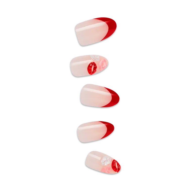 Impress Design No Glue Fake Press On Nails - Lover | 3D & Jewel French Design, Red, Medium, Almond, Manicure