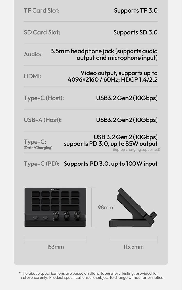 ULANZI D200X Stream Controller with 3 Knobs, 14 Customizable LCD Keys Macro Keyboard, 8-in-1 USB-C Hub Docking Station with 4K HDMI Content Creator Equipment for OBS/Video Editing/Photography/PC