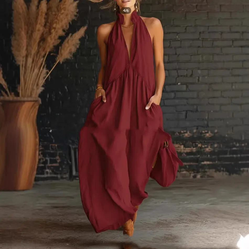 Elegant Resort-Style Mandarin-Collar Cotton-Linen Dress (see size chart under more details)