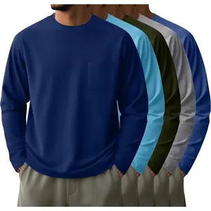 5 Pack Men's Big and Tall Long Sleeve Pocket T-Shirt Lightweight Crew Neck Shirts Slim Fit Top Casual Basic Tees
