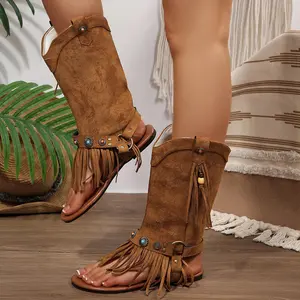Vintage Turquoise Decor Fringe Boots for Women, Open Toe Flat Cowboy Sandals for Festival
