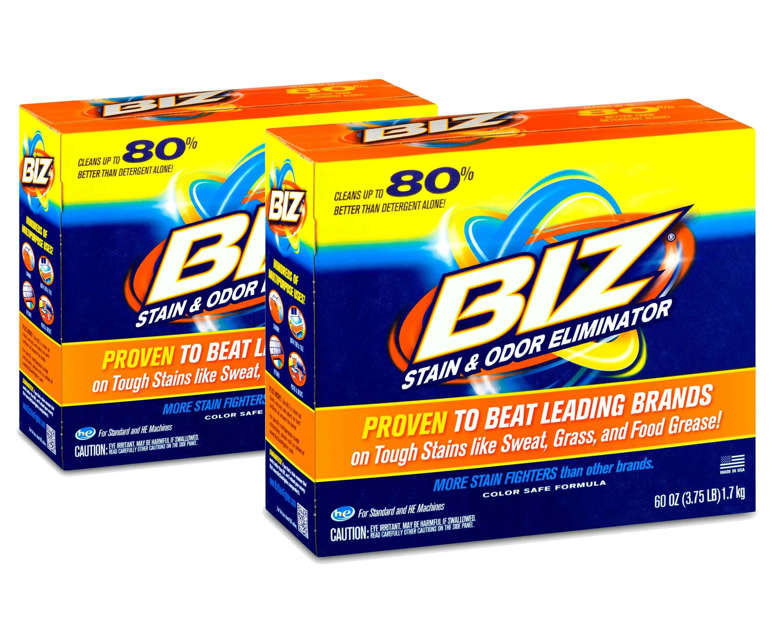 BIZ Stain and Odor Eliminator Clothing Stain Remover - 2 Packs All-Purpose Cleaners Bioenzyme Bubble Powder Laundry Detergent (37.5 oz Each) Household Cleaning Cleaners Powder