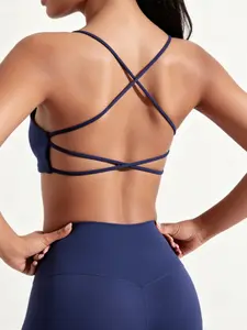 Women's Solid Criss Cross Backless Sports Bra, Breathable Comfortable Removable Chest Pads Sports Bra, Ladies Sportswear for Indoor Outdoor Wear, Gym Clothes, Strappy Sports Bra