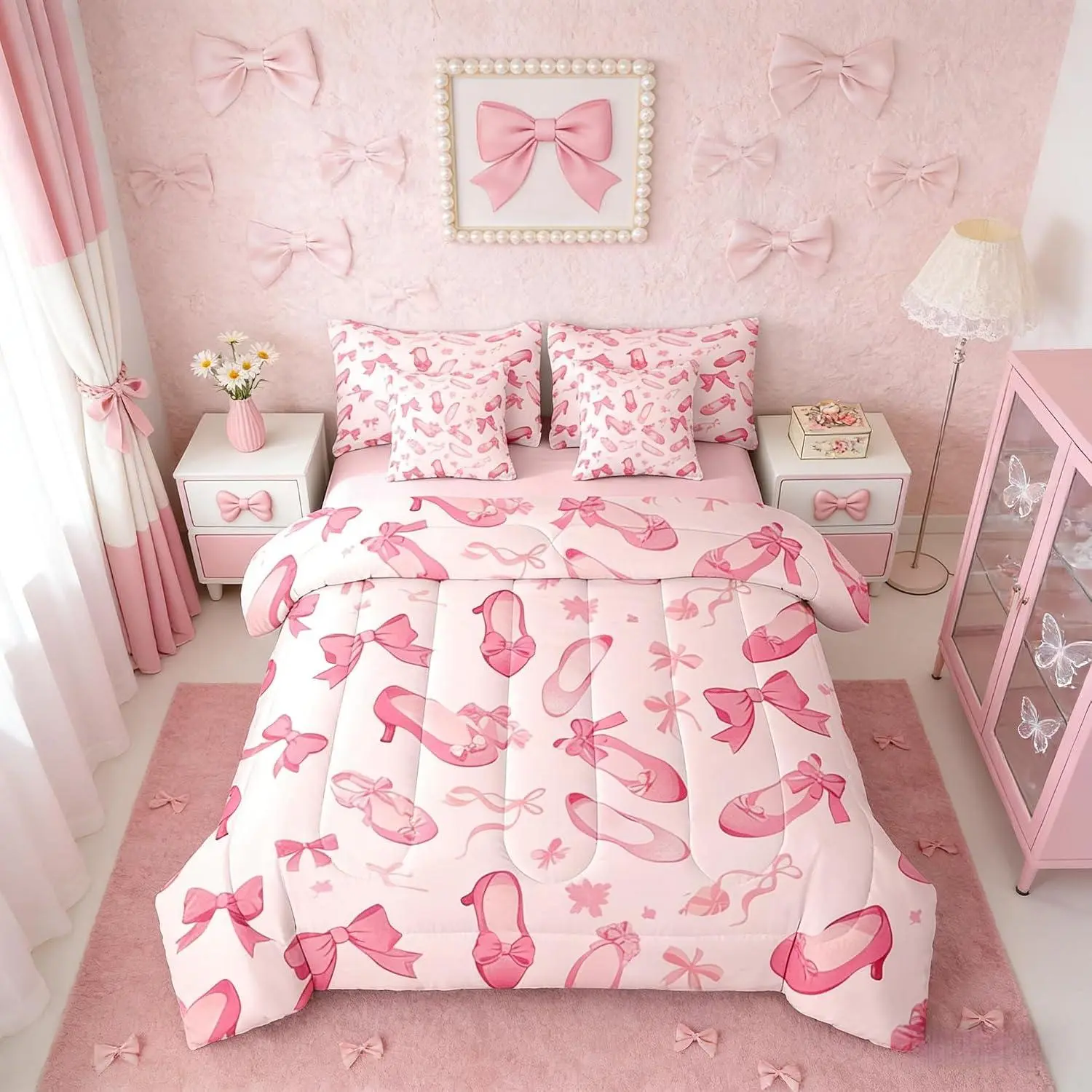 Pink Bow Ballet Shoes 7 Piece Bedding Set | Bowknot Ribbon Comforter Set with Sheets Vintage Coquette Bed in A Bag Women Aesthetic Bed Sets