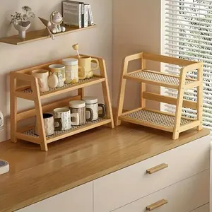 A Two-LevelBamboo Mug Holder for Countertops, Designed to Display Mugs And Organize Coffee Station Essentials, Including Condiment Storage. This Trapezoidal Shelf Serves As a Bookshelf And Is Perfect for Kitchen And Tea Bar Additions, Utility Racks
