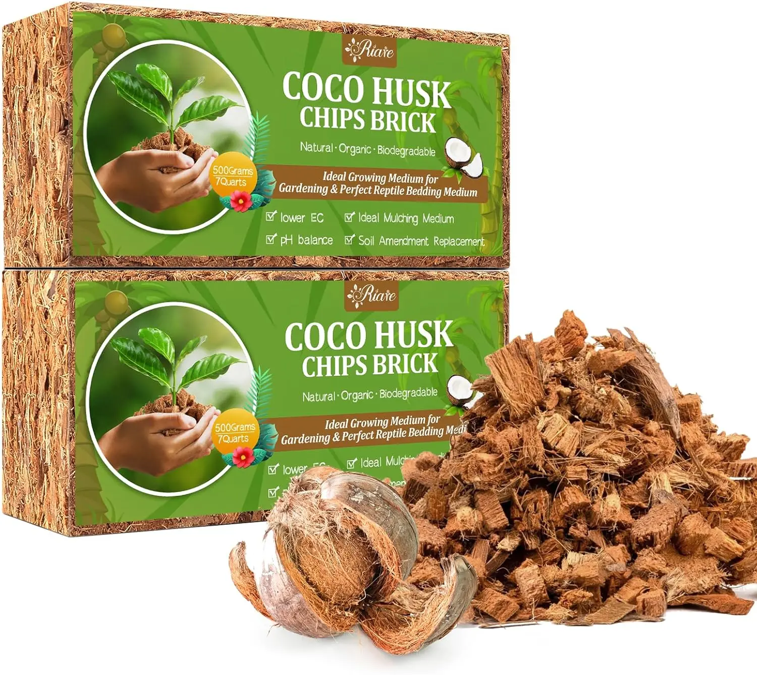 Riare 2 Pack Degradable & Sustainable Organic Coconut Husk Blocks (1.1 lb/brick, 2.2lbs Total) - Brick Form, Expand On-Demand, Low EC, pH Balanced Natural Soil Conditioner for Garden Flowers, Herbs with Optimal Aeration, Drainage, Drainage For Plant Growt