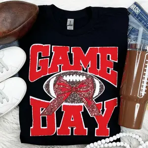 Red Chenille Football Game Day with Sequin Bow Patch