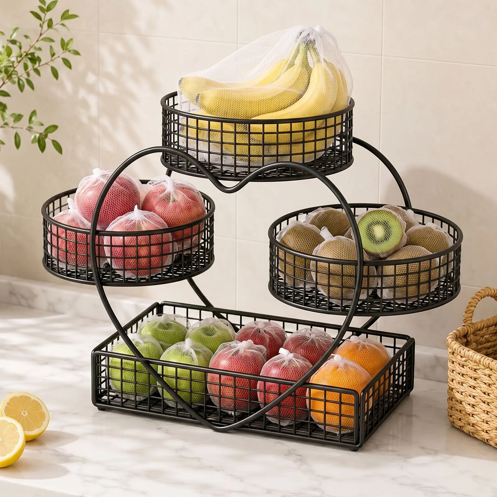 3-Tier Smooth Heart-Shaped Hollow Metal Wire Basket Organizer - Home Storage Supplies, Modern Vertical Storage, No Assembly Required, Ventilated Mesh, Multifunctional, Easy Wipe Clean, Pantry/Kitchen Countertop Fruit Veggie Holder, Housewarming Room Decor