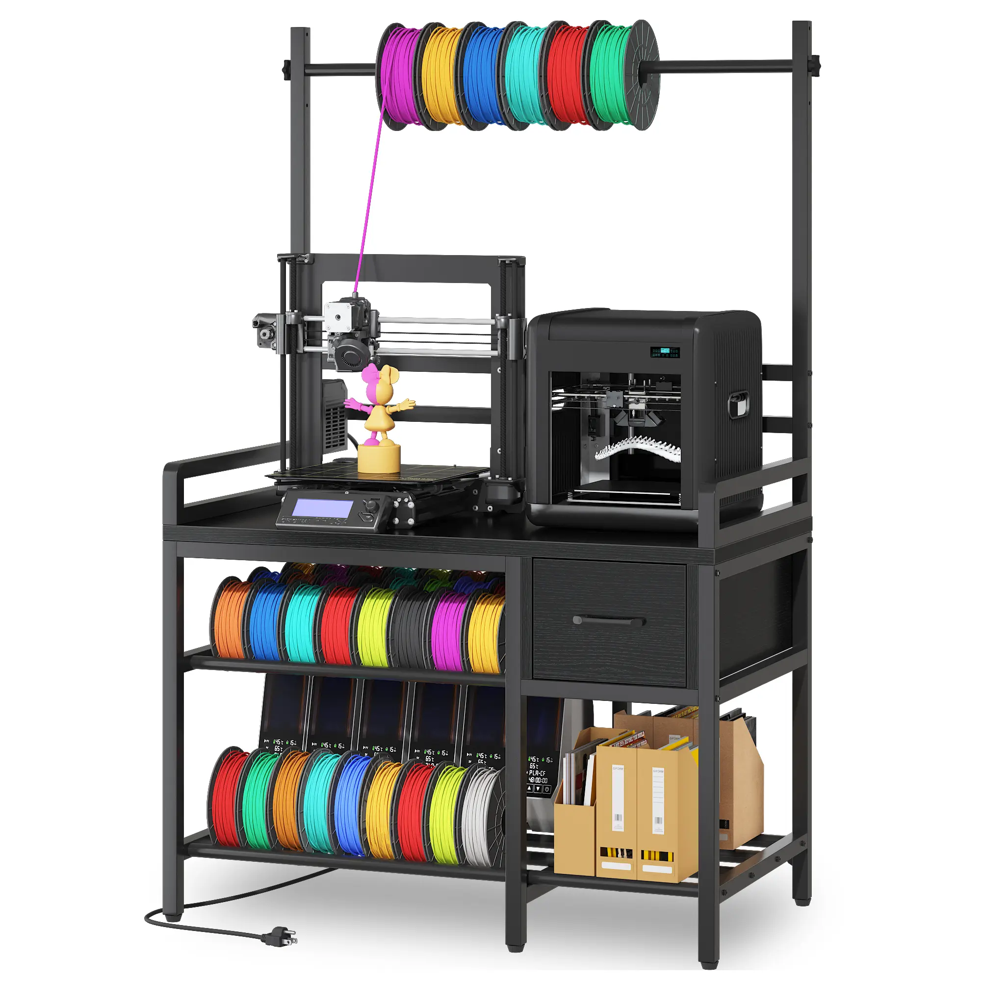 Heavy-Duty Metal 3D Printer Stand with Filament Storage, 66" Tall 3D Printed Desk Goose, Power Hub, Drawer & X-Bracket Stability for Workshop, Office