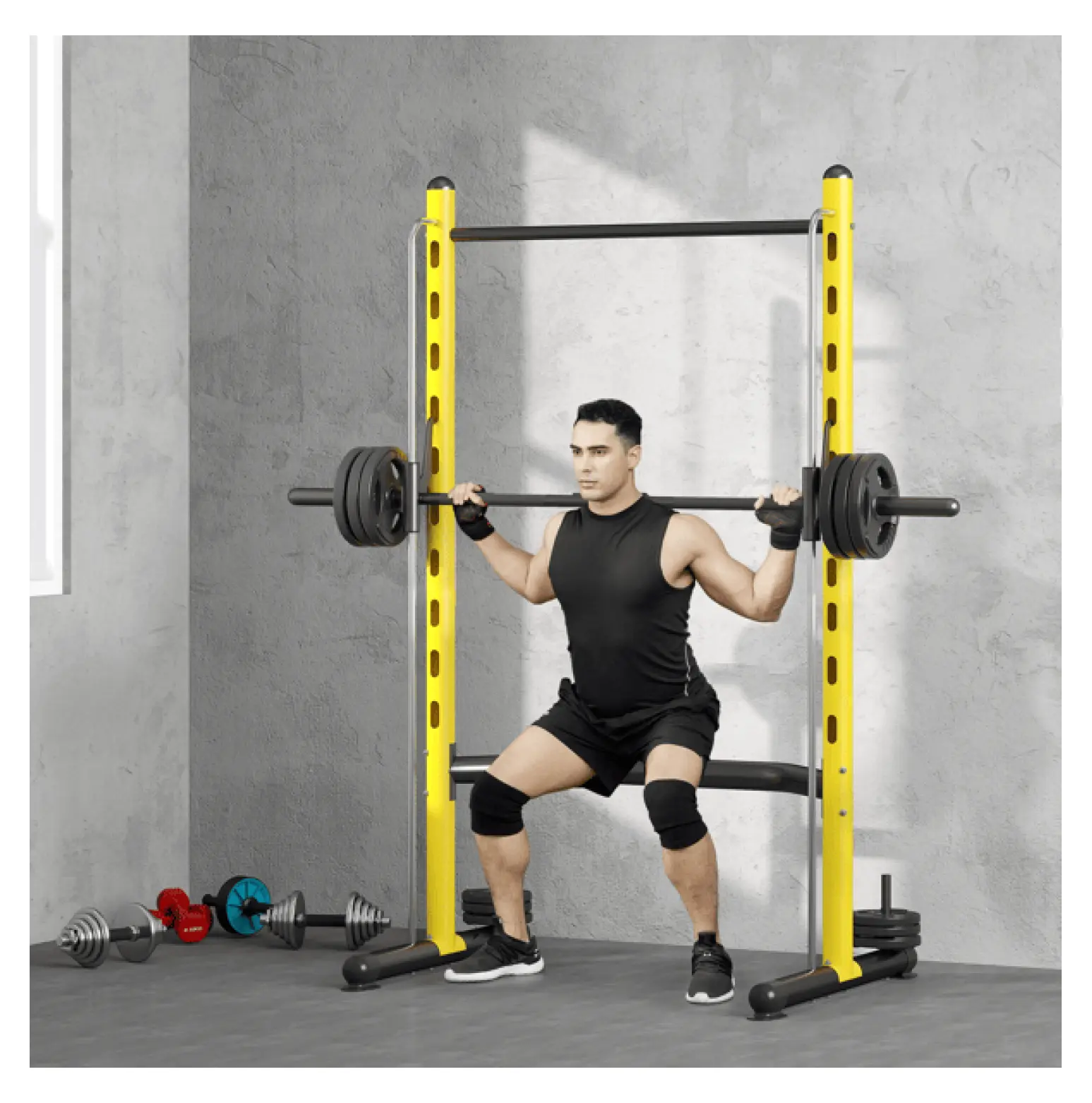 Dog & Cat Gym-Office House, Adjustable Barbell Stand with Pull Up Bar - 10 Adjustable Height Levels, 264lbs Capacity, 39.25 Inches Width, Strength Training Squat Rack - Yellow
